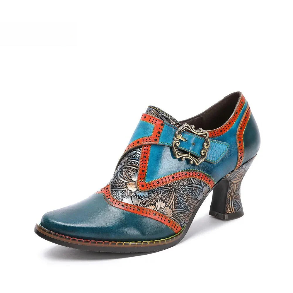 SOCOFY Retro Genuine Leather Square Heel Round Toe Buckle Strap Mixed Colors British Style Novelty Flower Shoes