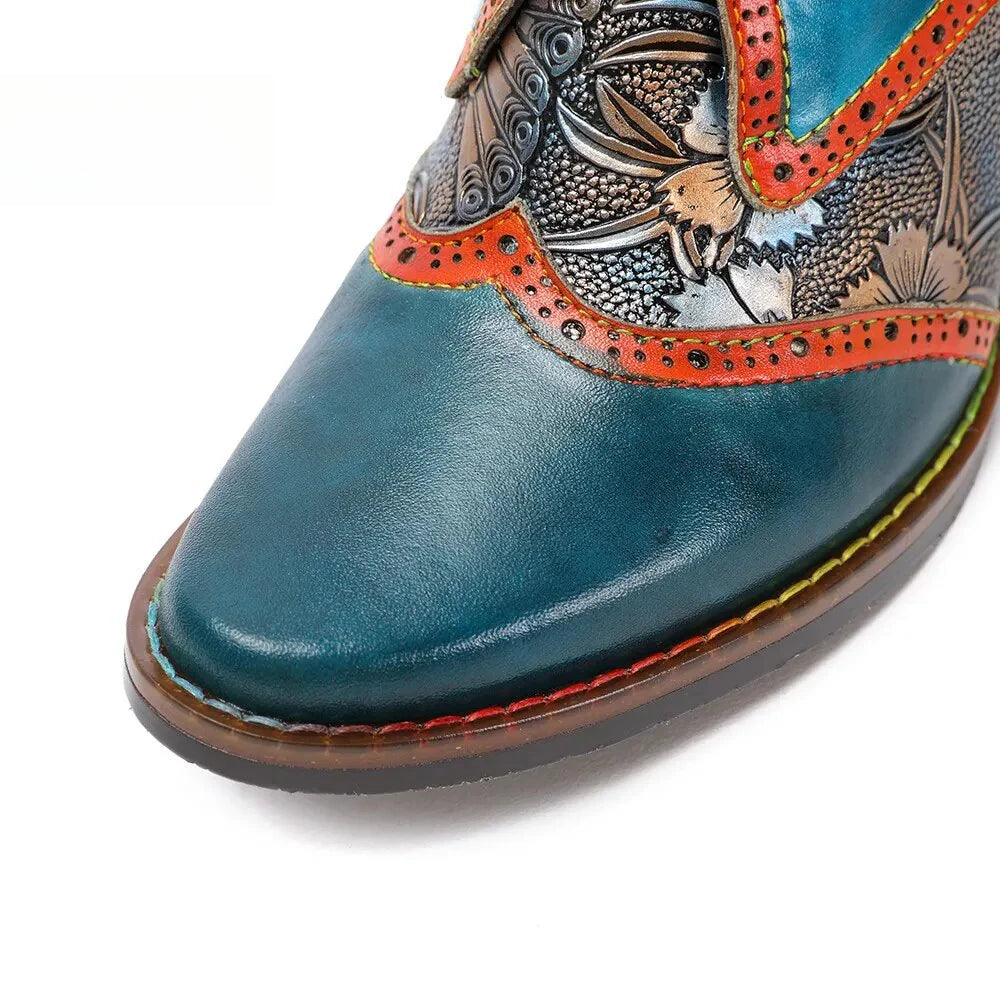 SOCOFY Retro Genuine Leather Square Heel Round Toe Buckle Strap Mixed Colors British Style Novelty Flower Shoes