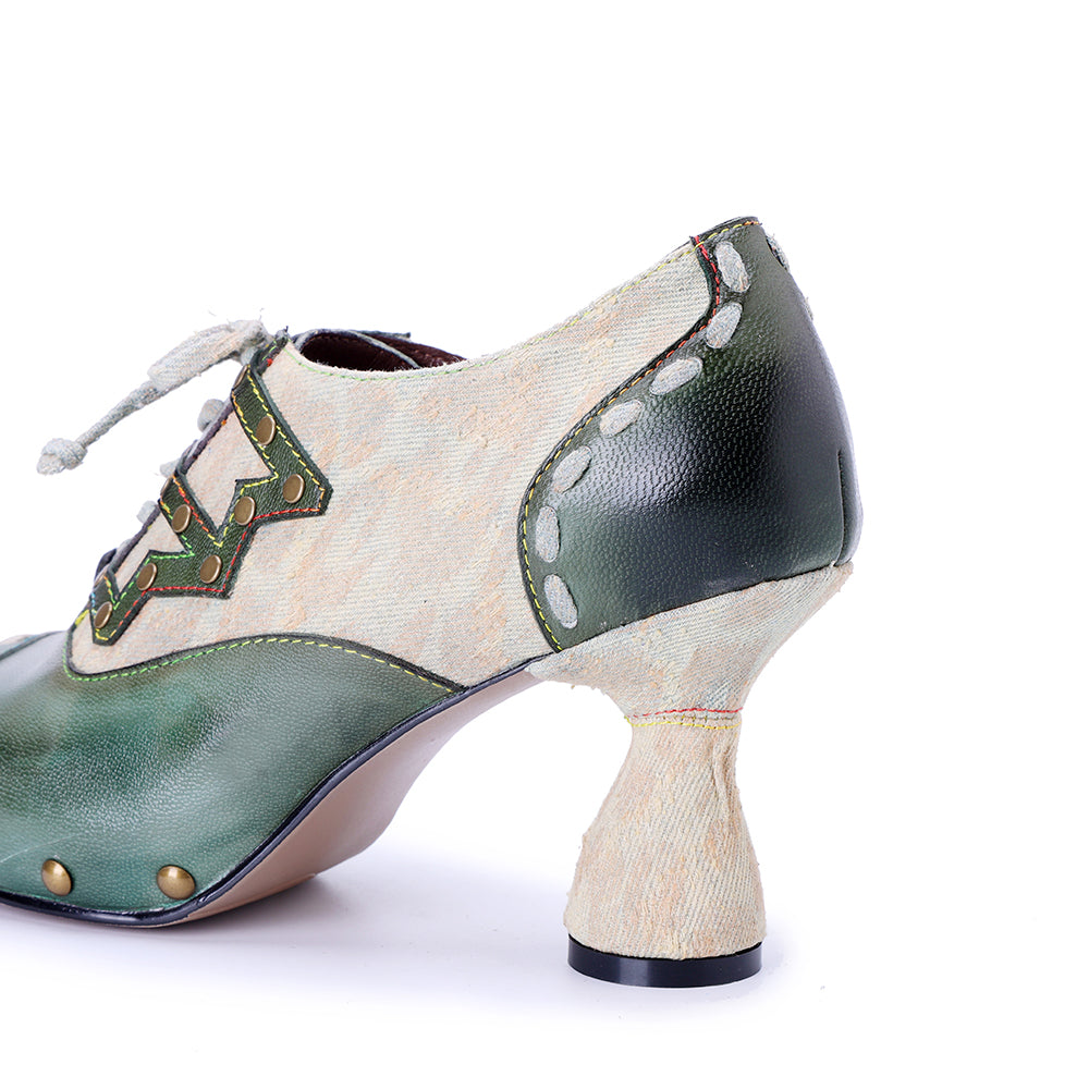 Socofy Vicconfy Genuine Leather Army Green Ethnic Style High Heels