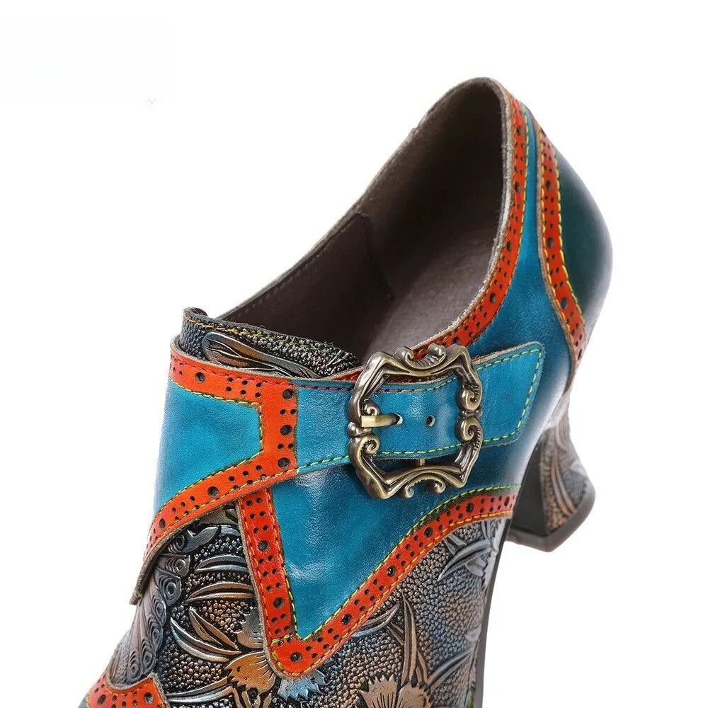 SOCOFY Retro Genuine Leather Square Heel Round Toe Buckle Strap Mixed Colors British Style Novelty Flower Shoes