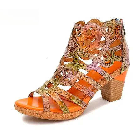 Socofy Genuine Leather Hand-painted Retro Sewing Zip Casual Handmade Sandals