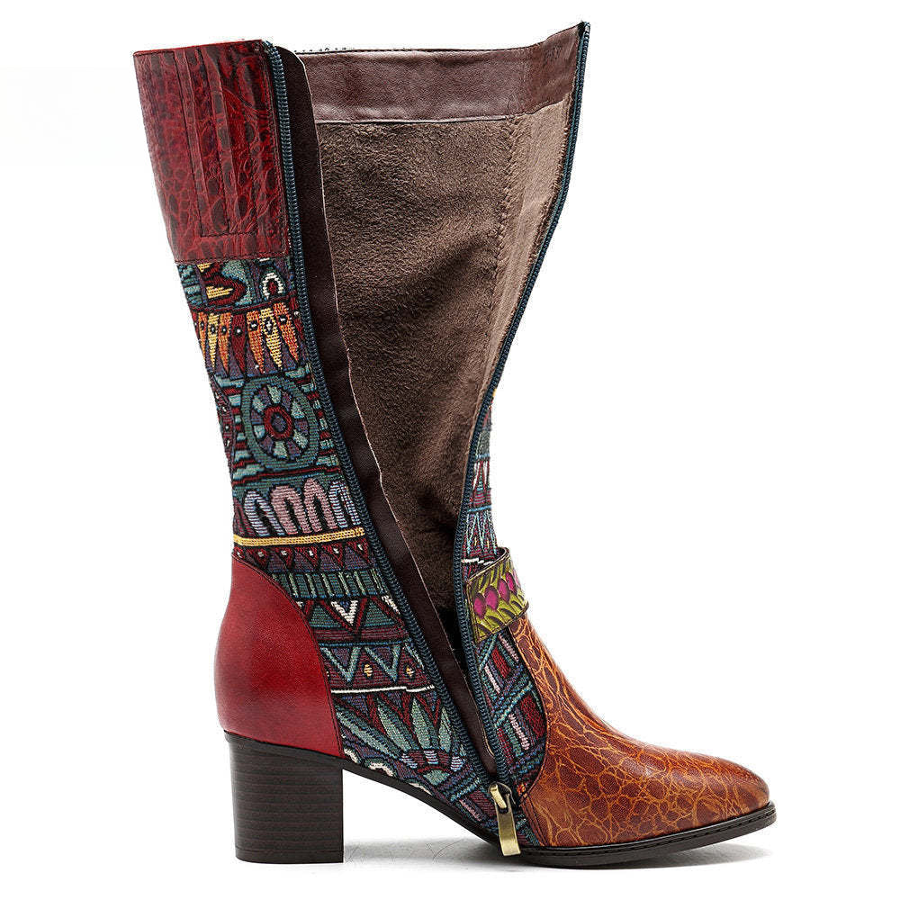 Socofy pointed-toe adhesive-soled high-top cowhide bohemian ethnic style fashion boots
