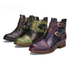 Socofy Vicconfy Genuine Leather Ethnic Vintage Rivet Belt Buckle Boots