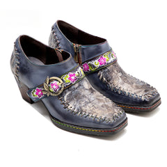 Socofy leather patchwork retro belt buckle chunky heel women's shoes
