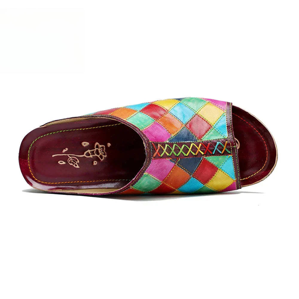 Socofy Genuine Leather Outside Slides Summer New Handmade Retro Contrasting Plaid Comfortable Flat Slippers
