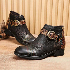 SOCOFY Genuine Leather Ethnic Style Round Toe Belt Buckle Handmade Embossing Short Boots