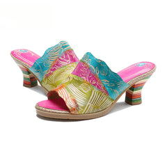 Socofy Summer Leather Vintage Colour Block High Heeled Sandals
