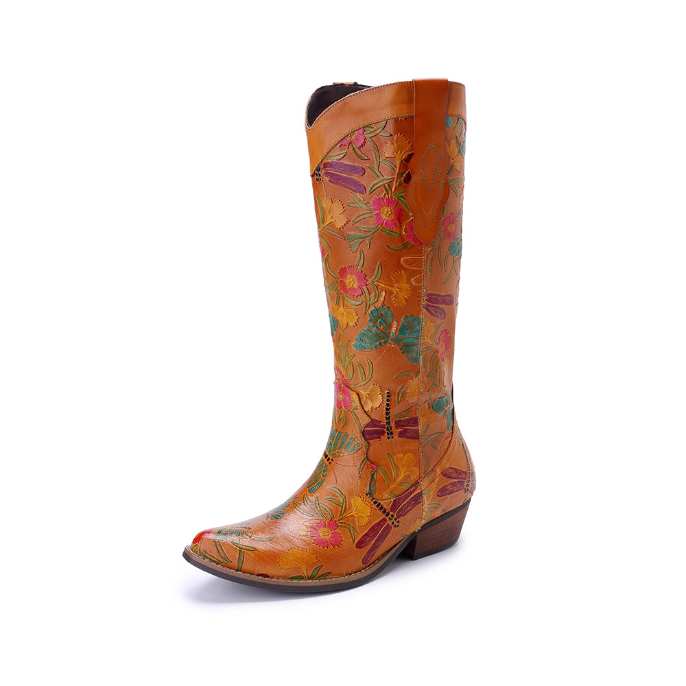 Socofy Winter Vintage Leather Floral Boots
