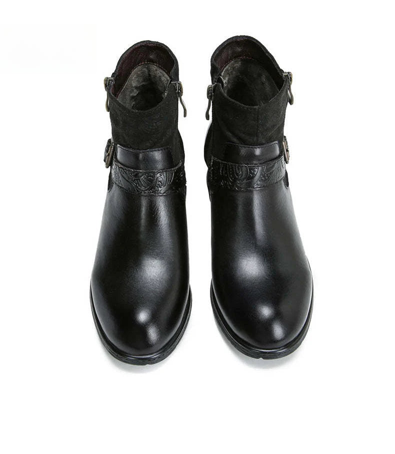 Socofy Vicconfy Women's Round Toe Cowhide Ethnic Leather Boots Fashion Boots