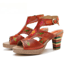 Socofy new retro genuine leather hollow color layer leather high heel sandals