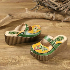 Socofy Ethnic Style Genuine Leather Hand-painted Outside Wedges Slides Retro Platform Slippers