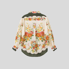Linen positioned floral H-line long sleeve shirt Vacation long pants suit