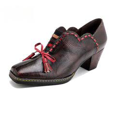 Socofy spot genuine leather bow tassel retro palace style thick heel women's high heels