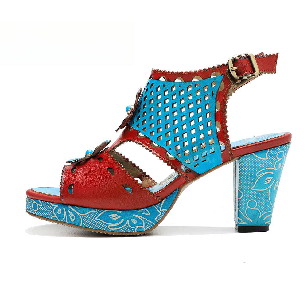 Socofy summer genuine leather retro hollow design high heel sandals