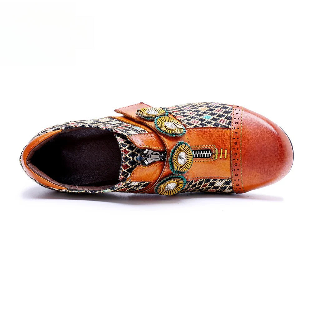 Socofy Genuine leather vintage plaid three-dimensional flowers pumps