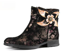 Socofy Vicconfy Genuine Leather Flower Comfy Flat Ankle Boots