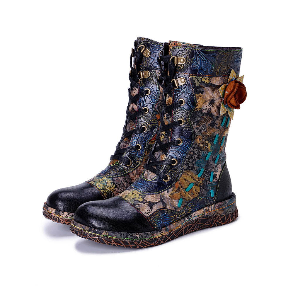 Socofy Winter Vintage Flower Print Boots