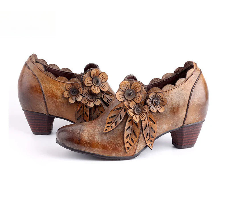 Socofy Genuine Leather Handmade Vintage Fashion Side Zipper High Heels Women's Shoes