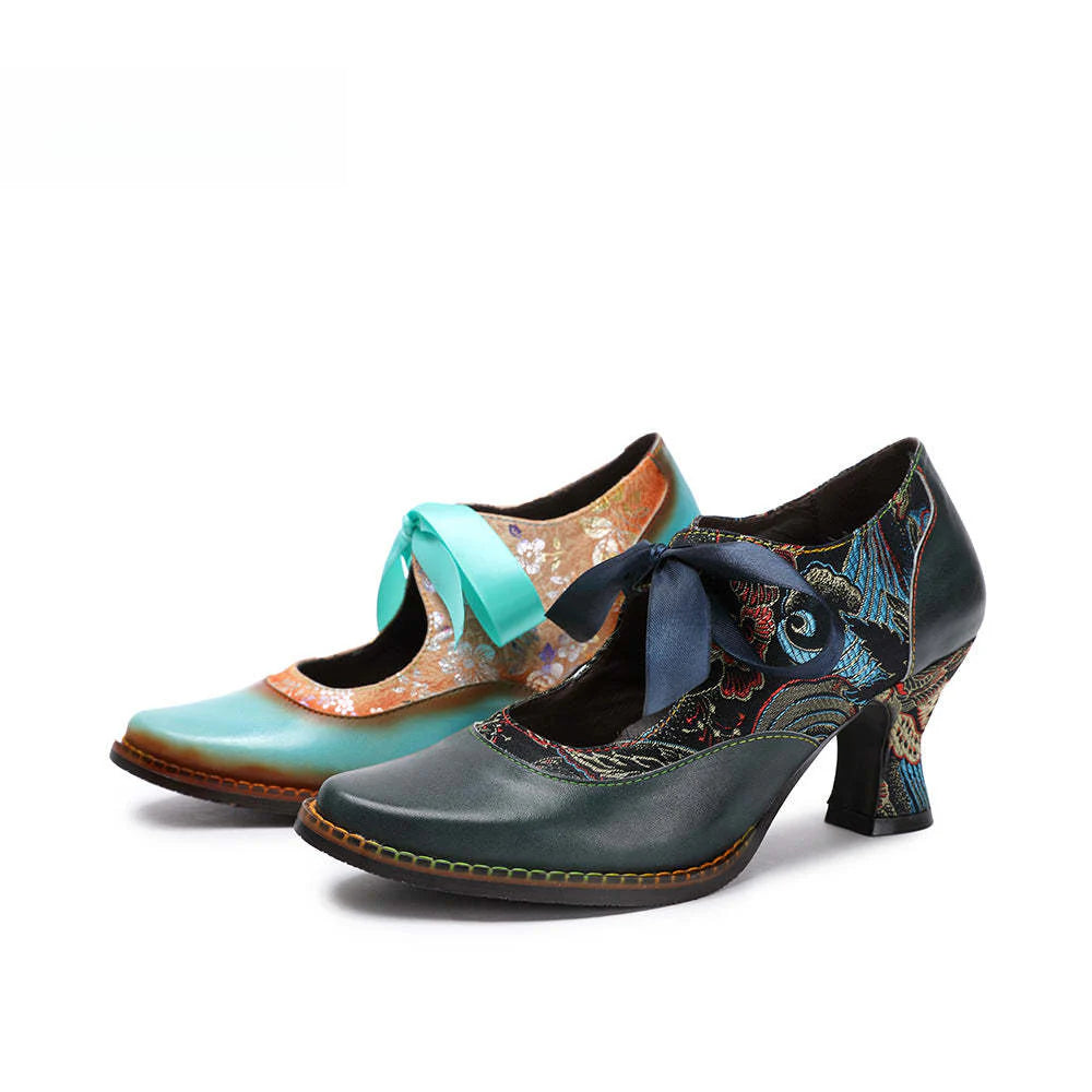 Socofy Summer flower blue ethnic style high-heeled ribbon lace-up women's shoes