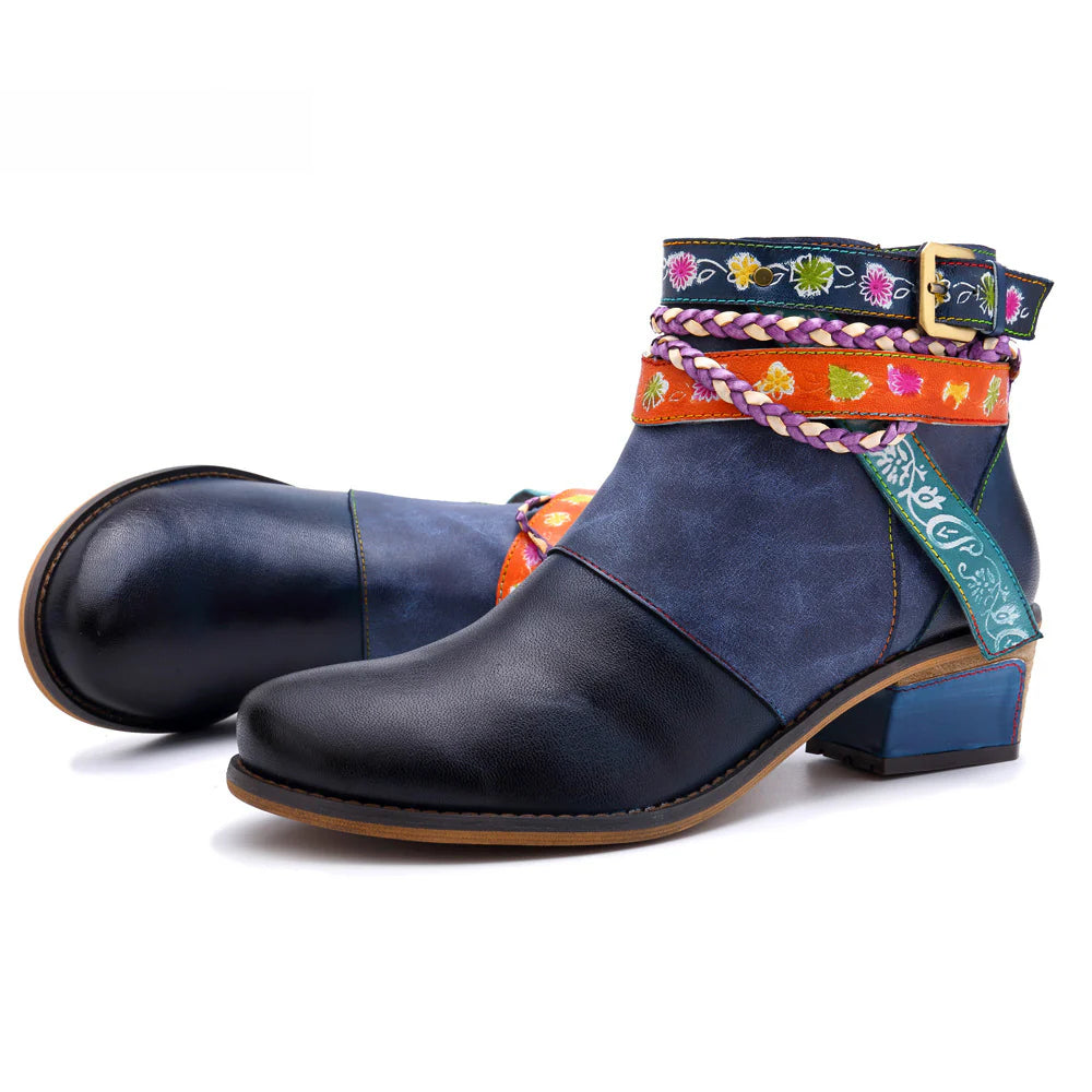Socofy Vicconfy Genuine Leather Braided Strap Cowboy Style Women's Boots