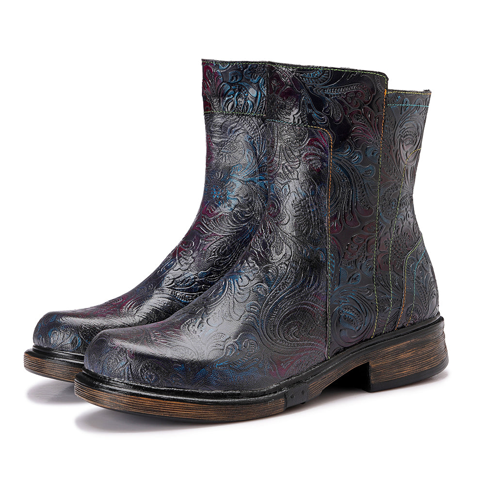 Socofy Winter Vintage Embossed Pattern Short Boots
