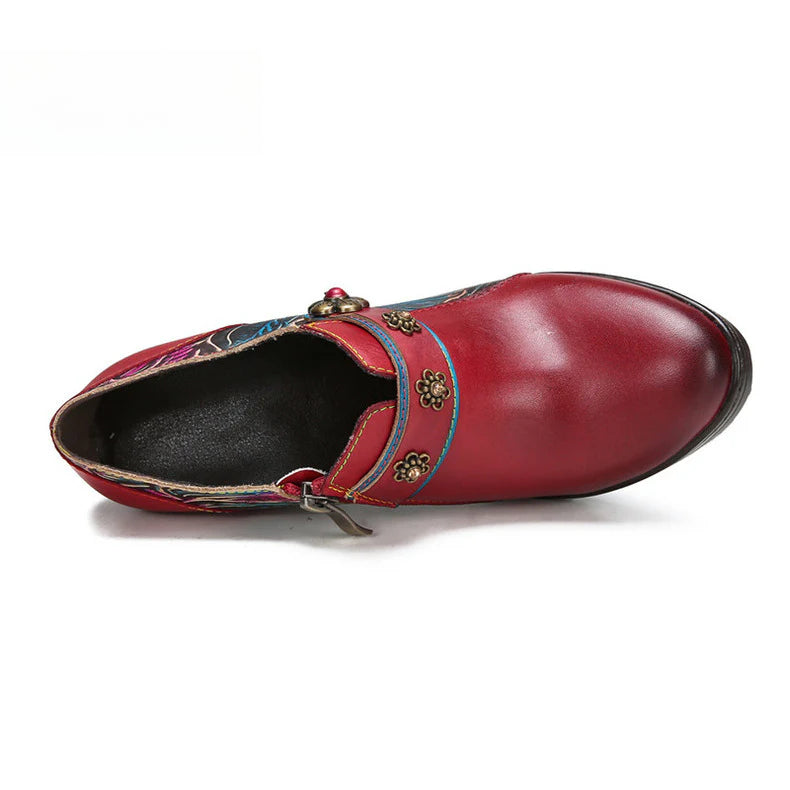 Socofy Vicconfy Genuine Leather Flower Buckle Side Zipper Pumps