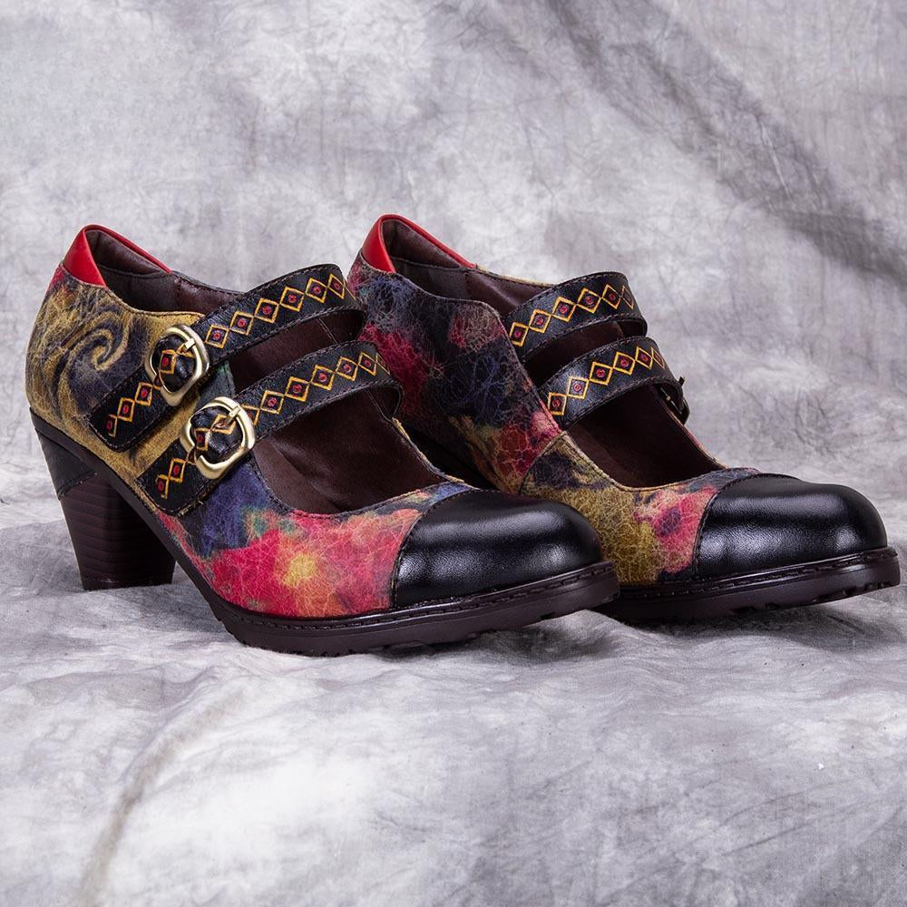Socofy ethnic style retro genuine leather high heels women's shoes