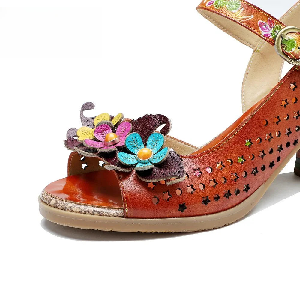 Socofy Summer New Genuine Leather Hand-painted Retro Hollow-out Flower High Heeled Sandals