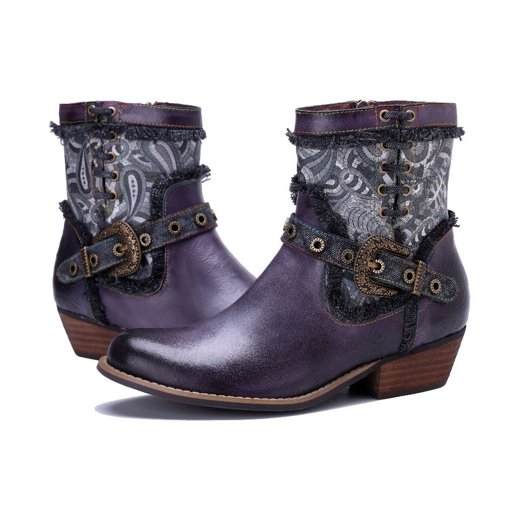 Socofy Handmade Leather Side Zipper Short Boots