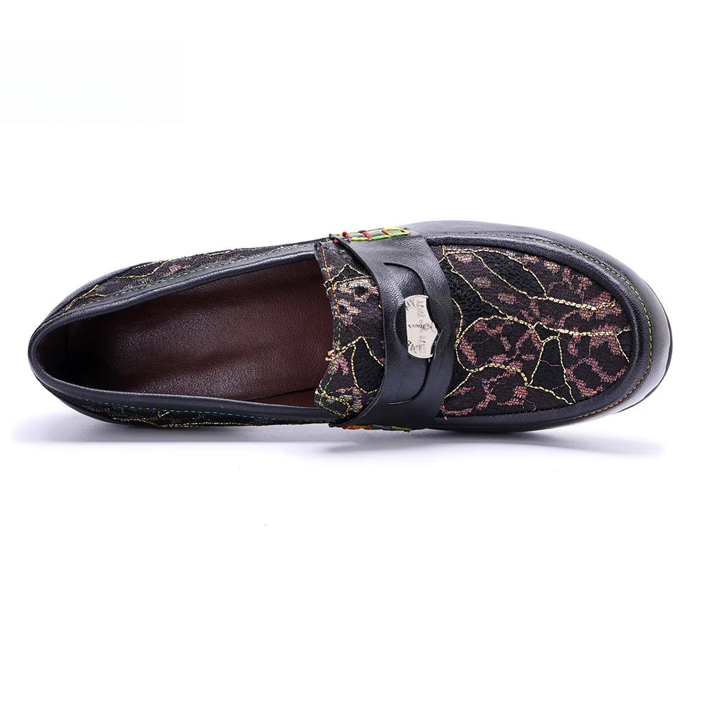 Socofy Leather Patchwork Comfortable Chunky Heeled Loafers Shoes