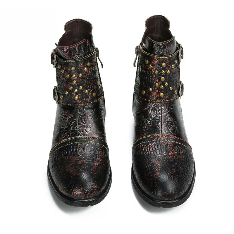 Socofy Vicconfy Genuine Leather Ethnic Vintage Rivet Belt Buckle Boots