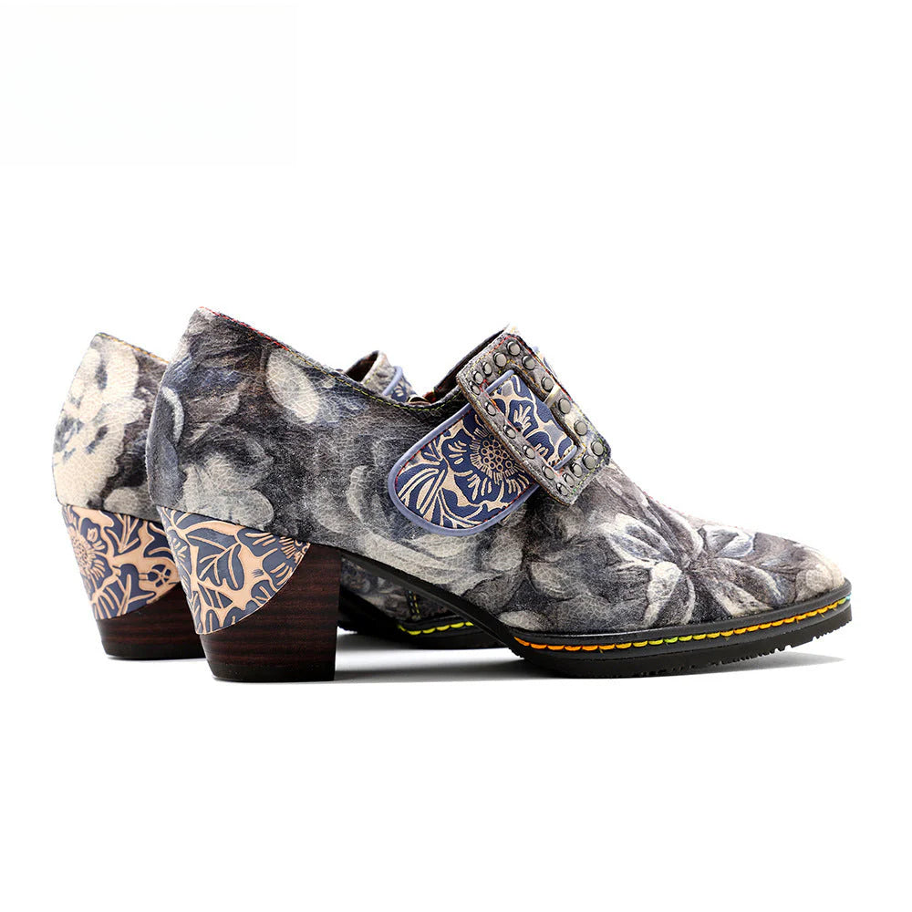 Socofy  Vicconfy Genuine Leather Vintage Style Water Print High Heeled Single Shoes
