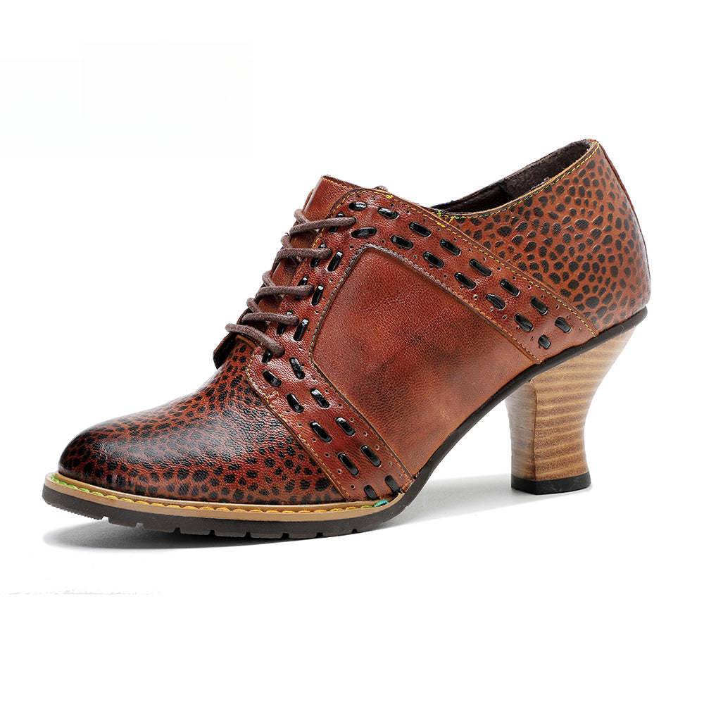 Socofy Leather Leopard Print Lace Up Women's High Heels