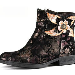 Socofy Vicconfy Genuine Leather Flower Comfy Flat Ankle Boots