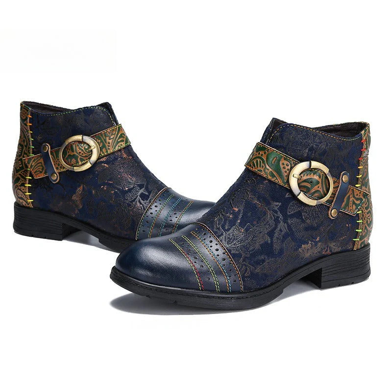 SOCOFY Genuine Leather Ethnic Style Round Toe Belt Buckle Handmade Embossing Short Boots
