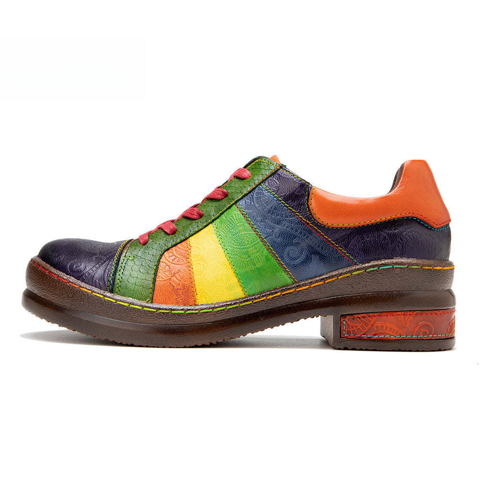 Socofy Colour Patchwork Genuine Leather Women's Flat Shoes