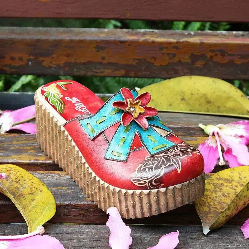 Socofy Genuine Leather Hand-painted Flower Summer Platform Slippers