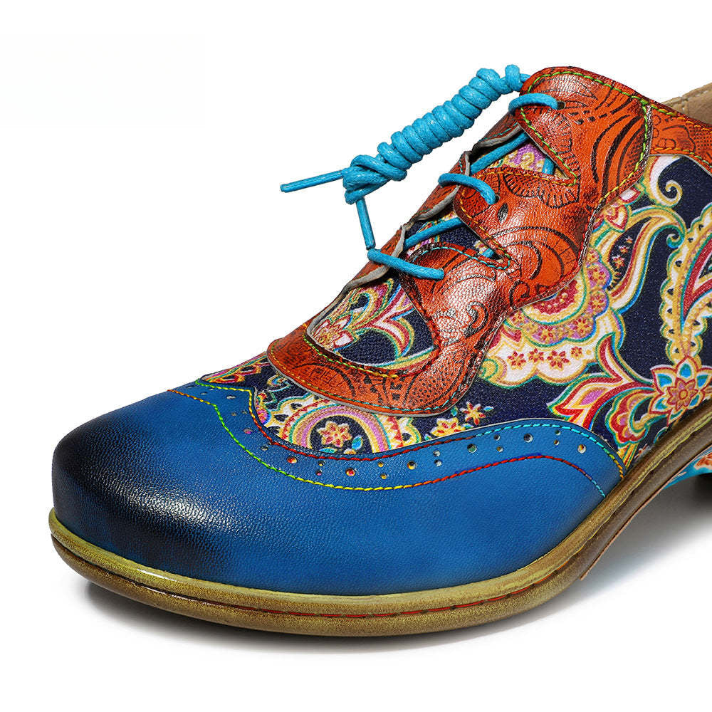 Socofy Vintage Handmade Bohemian Brogue Printed Heels Shoes
