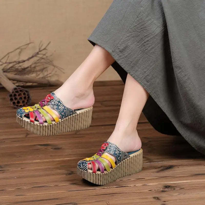 Socofy Genuine Leather National Style Hand-painted Outside Summer Flower Wedges Slides Slippers