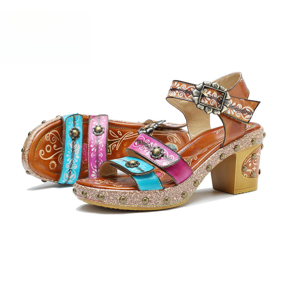 Socofy Summer Leather Retro Rivet Clash Colour High Heeled Sandals