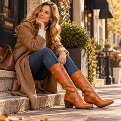 Socofy Winter Vintage Leather Floral Boots