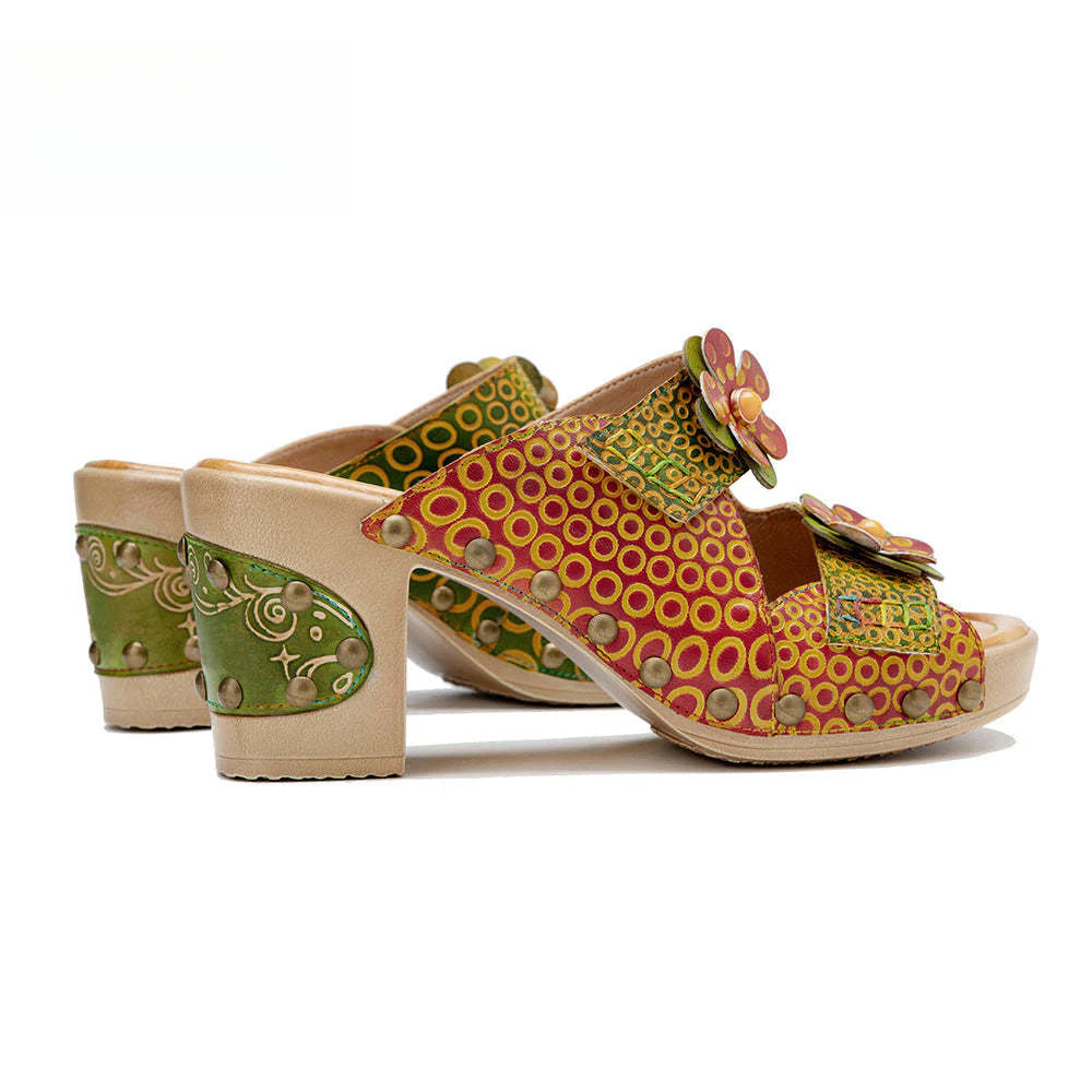 Socofy Spring and summer genuine leather retro flower comfortable thick heel high heel sandals