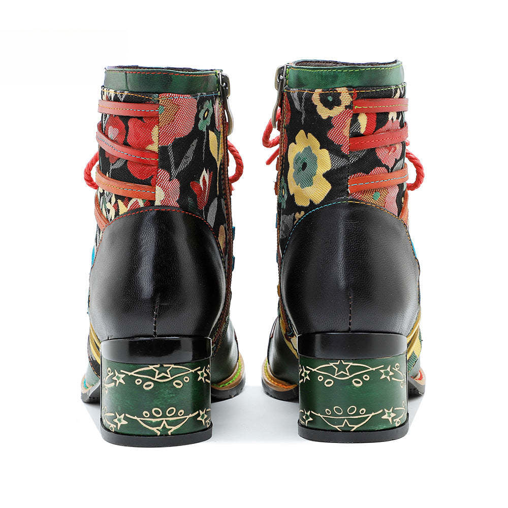 Socofy Vicconfy Handmade Genuine Leather Printed Patchwork Colorful Strappy Chunky Heel Women's Boots