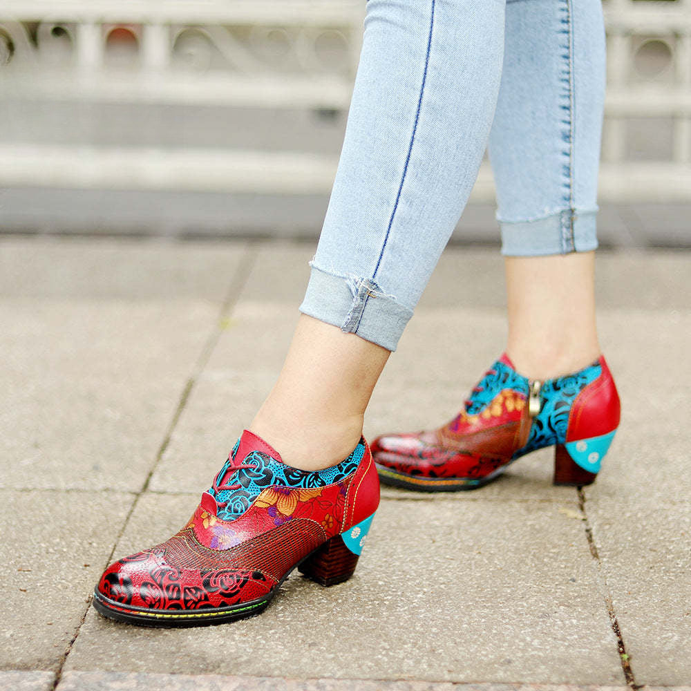 Socofy retro printing patchwork ethnic style women's high heels
