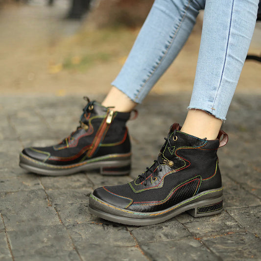 Socofy Vicconfy Leather Double Colored Thread Stitching Ankle Boots 1000