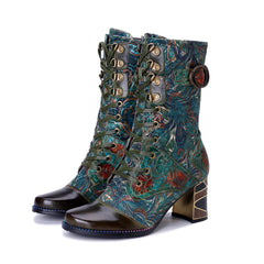 Socofy Winter Retro Painted Chunky Heel Boots