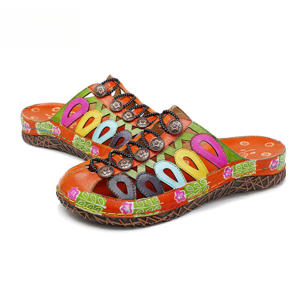 Socofy Summer Leather Hollow Out Buckle Comfortable Flat Women's Slippers