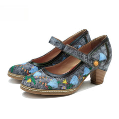 Socofy Spring and summer new retro embroidery Mary Jane thick heeled comfortable high heels