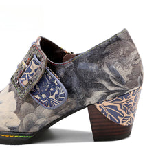Socofy  Vicconfy Genuine Leather Vintage Style Water Print High Heeled Single Shoes