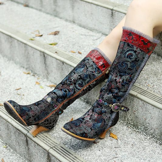 Socofy Genuine Leather Vintage Boots Warm Lace Side Heeled Boots 1000